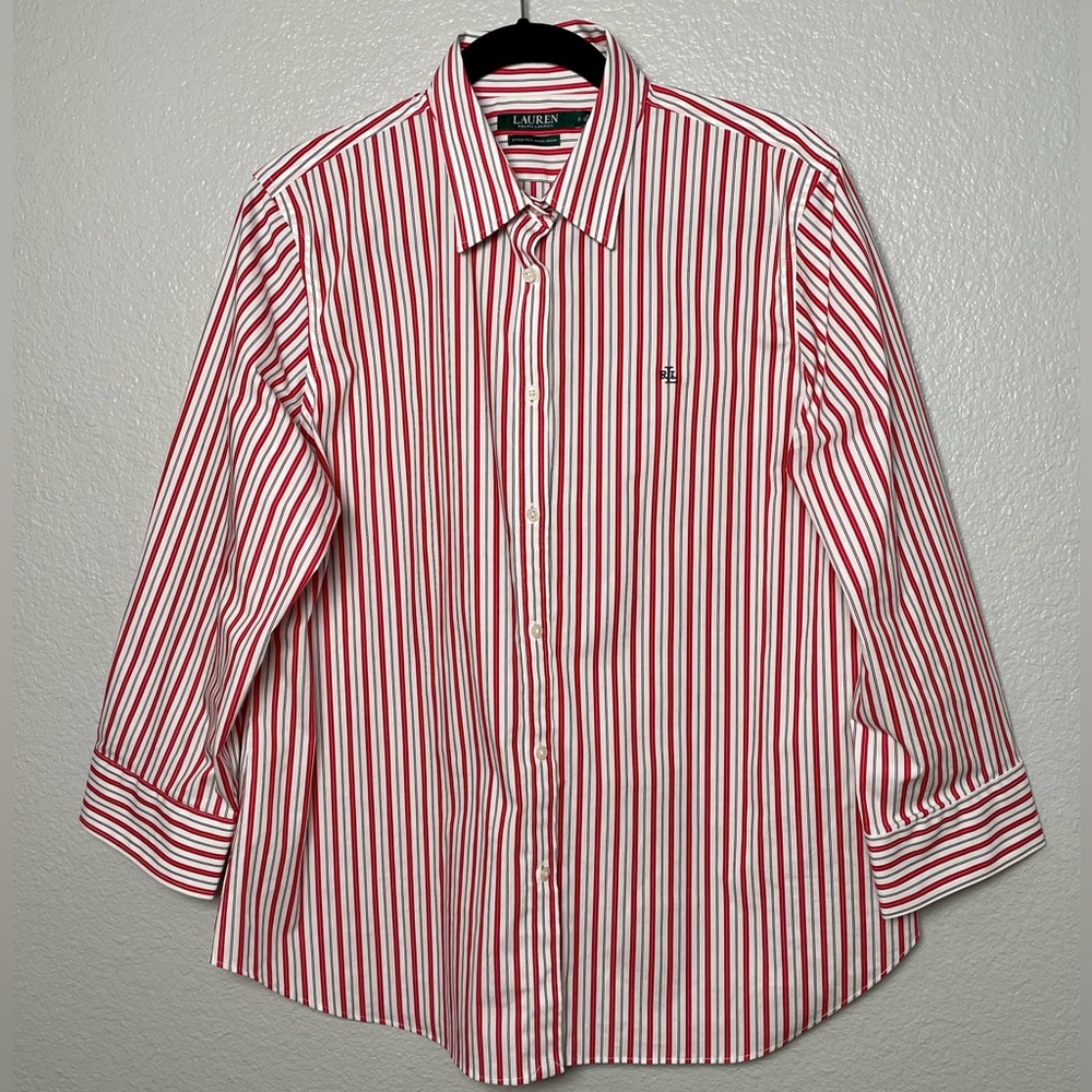 Lauren Ralph Lauren Stretch No Iron Button Down Red, Black, White size XL Top